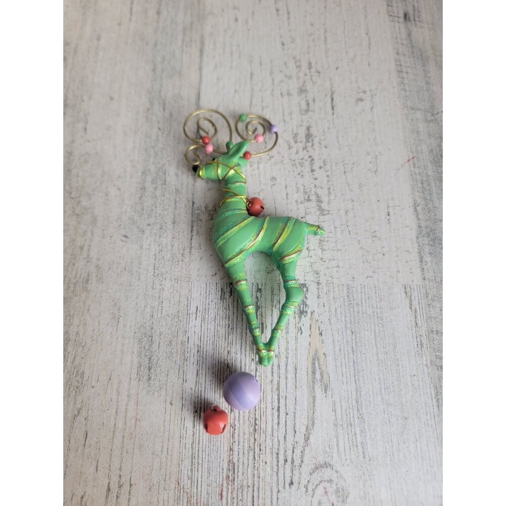 Green glitter reindeer Bell ornament Xmas